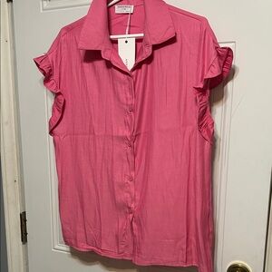 Ann Taylor Pink Ruffle Sleeve Button Down Shirt